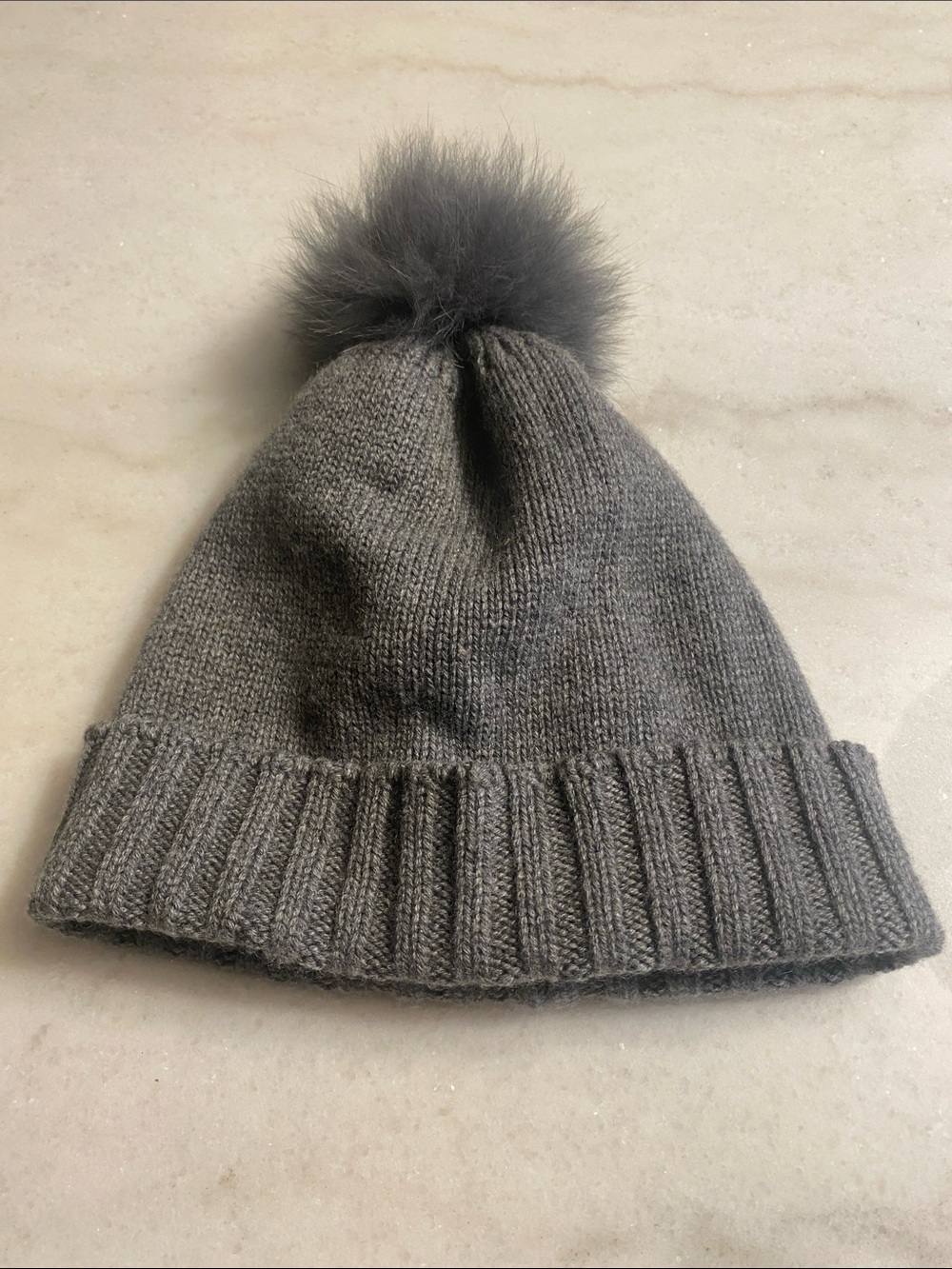 Bettina Gray Fox Fur Pom-Pom cashmere Beanie Hat